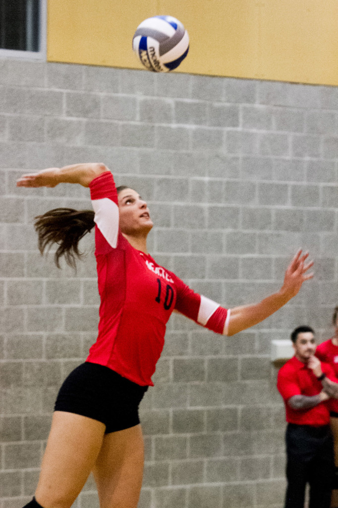 Iris Ivanis, outside hitter, serving at Thursday nights game against Chicago State.