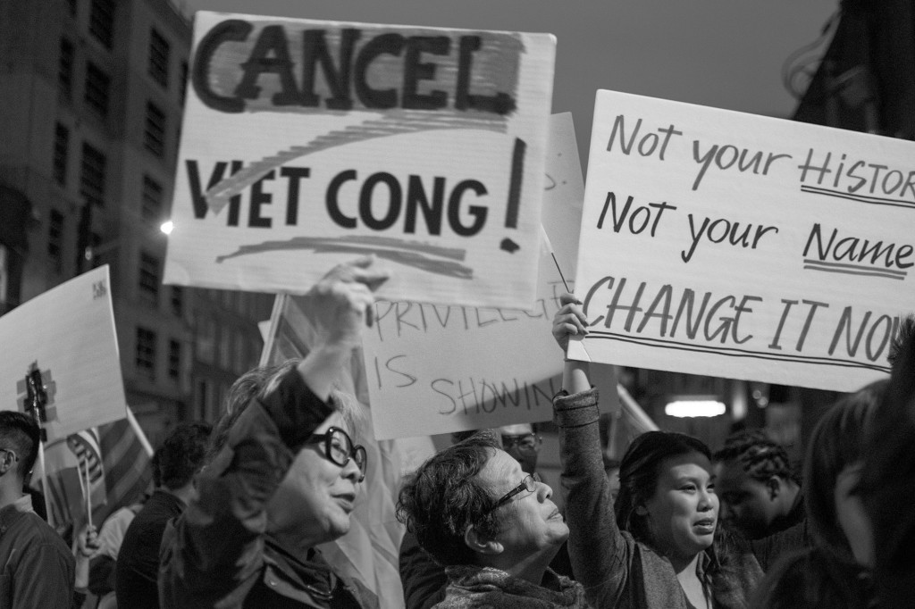 People gathered at the Neumos Theater in Capitol Hill to protest the theater, which promotes social justice of all kinds, booking a band with the name Viet Cong. The band name is insensitive to many of Vietnamese ancestry, and those who have personal tragedies and trauma connected with the name.