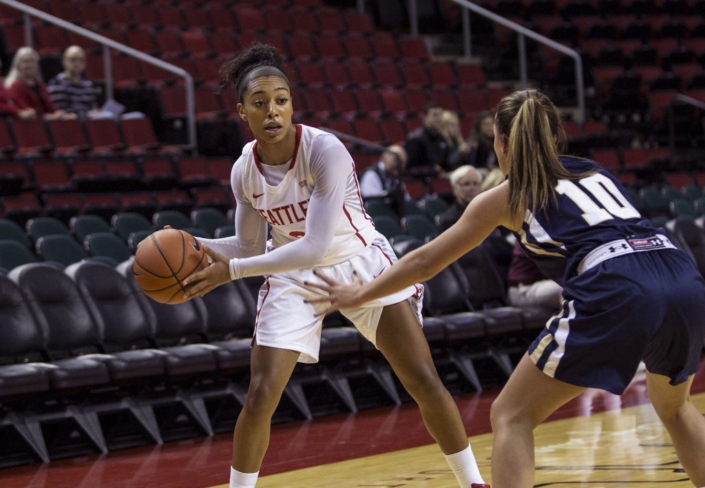 Junior Kaylee Best looks to pass into the post, where most of the Redhawks points came from against Montana State