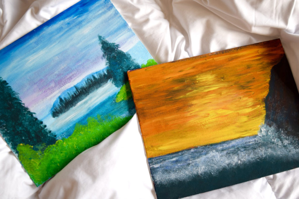 Two+finished+paintings+from+the+Bob+Ross+painting+night.