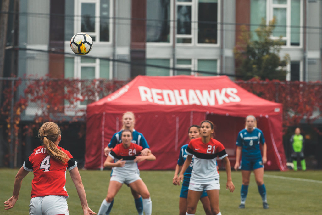 Senior Hannah Carrothers throws the ball in to play during her last home game as a Seattle University Redhawk on Sunday, October 21st. 