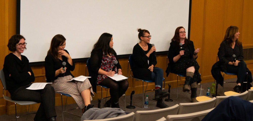 Sirin Aysan, Ellen Huang, Tana Kupczak, Lacey Leavitt, Kristen Schaffer (from left) discuss prevalent issues involving women in film in the wake of the #MeToo Movement during a panel moderated by Professor Justine Barda.