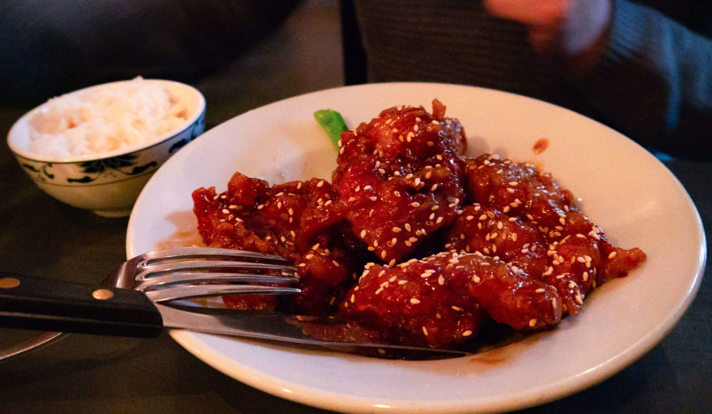 druken chicken seasoned with sesame seeds was the main course