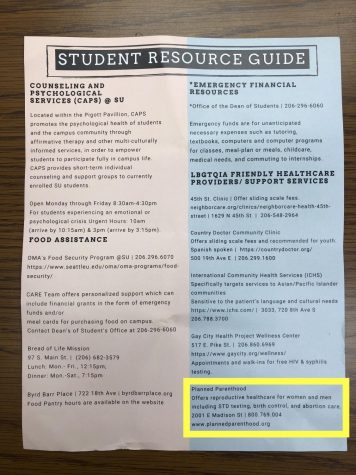 A student resource guide from the College of Arts and Sciences Advising Center lists Planned Parenthood as a LGBTQIA-friendly healthcare resource. Several of the fliers, as well as a copy of Dombrowski's book are on display in the advising office.