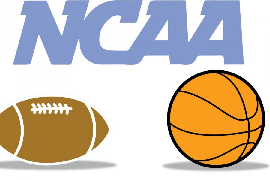 graphic of a football and basketball, with text above reading NCAA