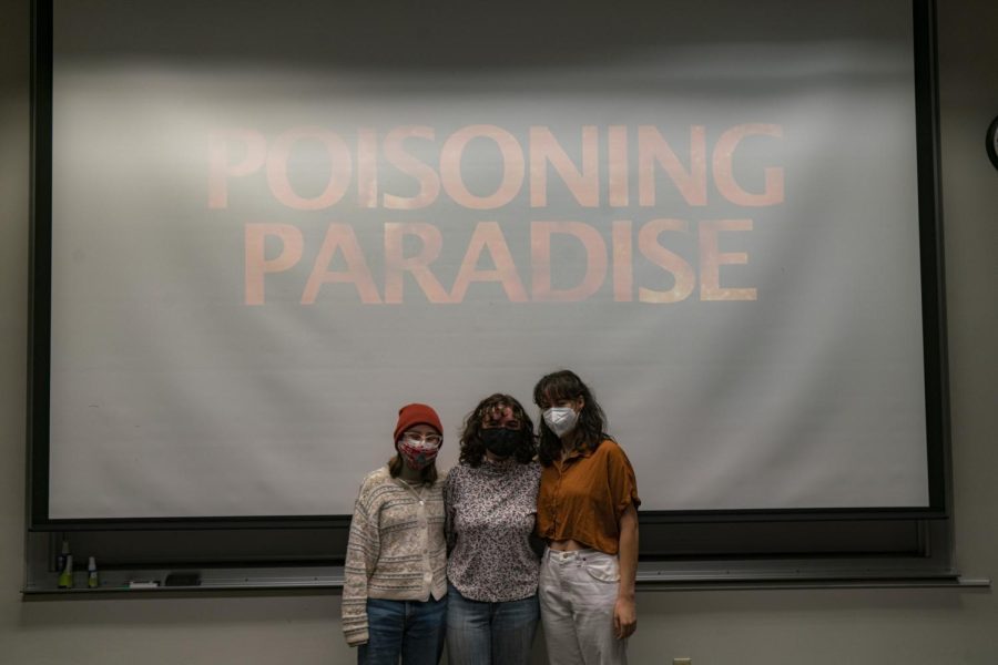 Emily Nielsen (left), Keira Cruickshank (middle), and Faith Chamberlin (right) from Sustainable Student Action led the screening of “Poisoning Paradise”.