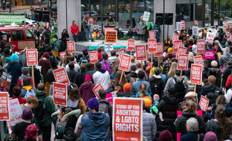 Protestors gather at Westlake Park in downtown Seattle to protest the leaked Supreme Court decision overturning Roe V. Wade. 
