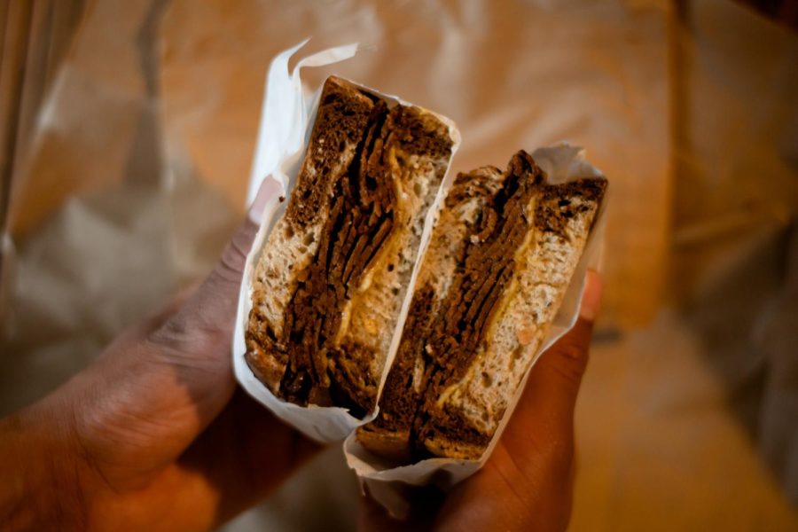 New Yorker sandwich on marbled rye from Ben & Esthers Vegan Jewish Deli.