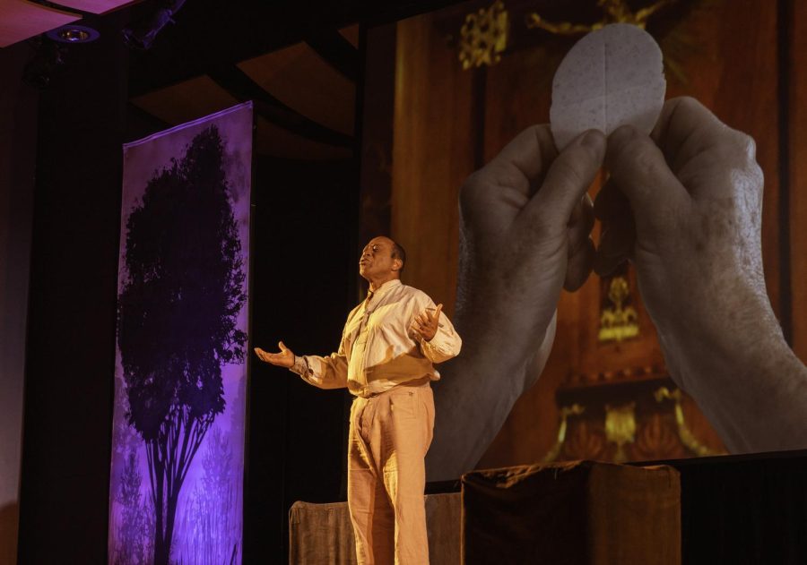 Jim Coleman as Fr. Augustus Tolton in Saint Luke Production’s “Tolton: From Slave to Priest”, performed in the Pigott auditorium. 