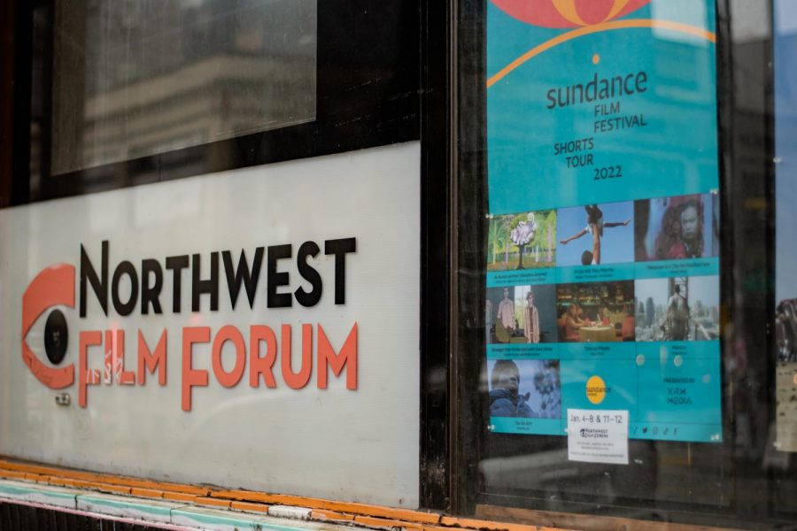 Sundance Shorts Tour poster from the 2022 film festival hung up alongside the Northwest Film Forum logo.