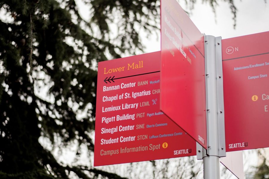 Campus directions: signage pointing towards different popular locations at Seattle University.