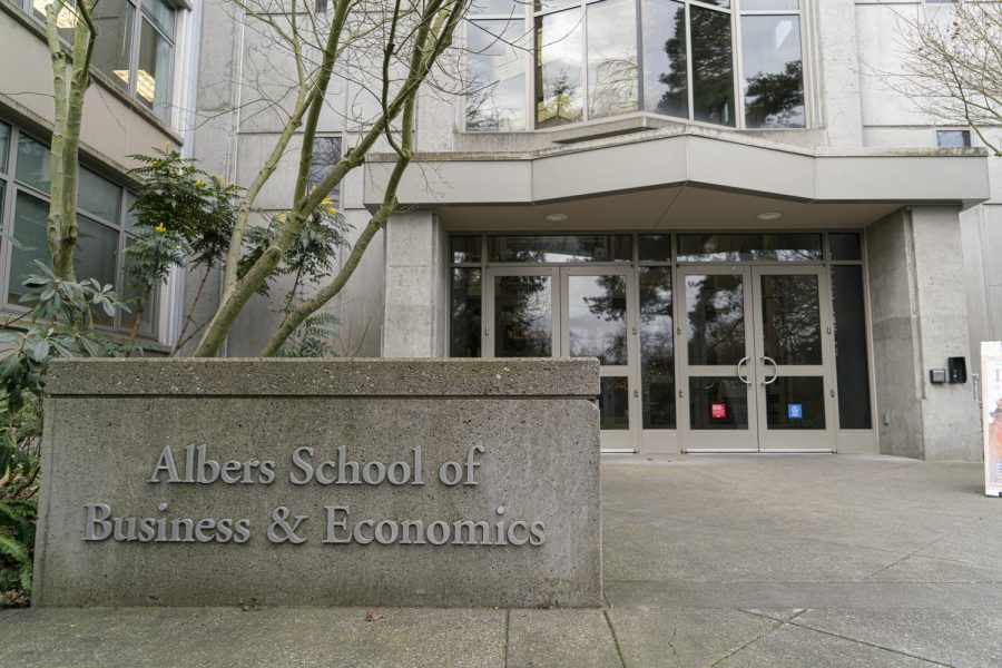 Entrance to the Albers School of Business and Economics.