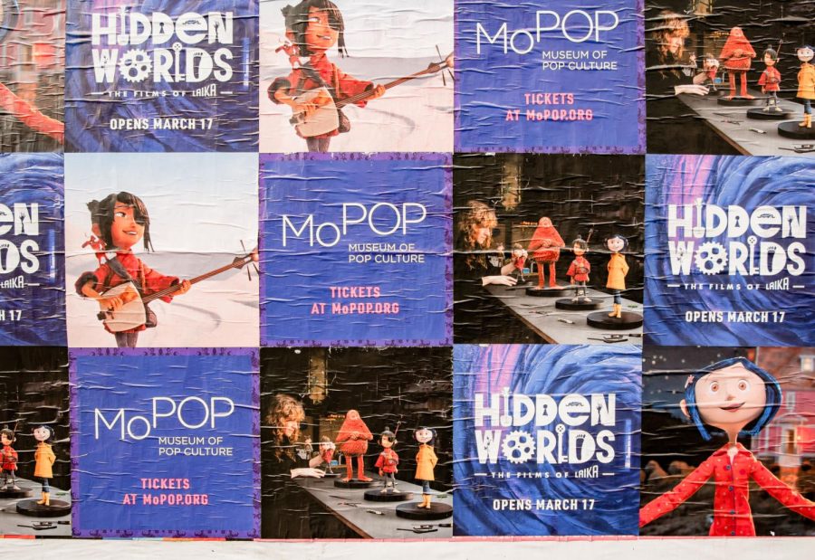 Laika characters on posters promoting the Hidden Worlds exhibit at MoPOP. 