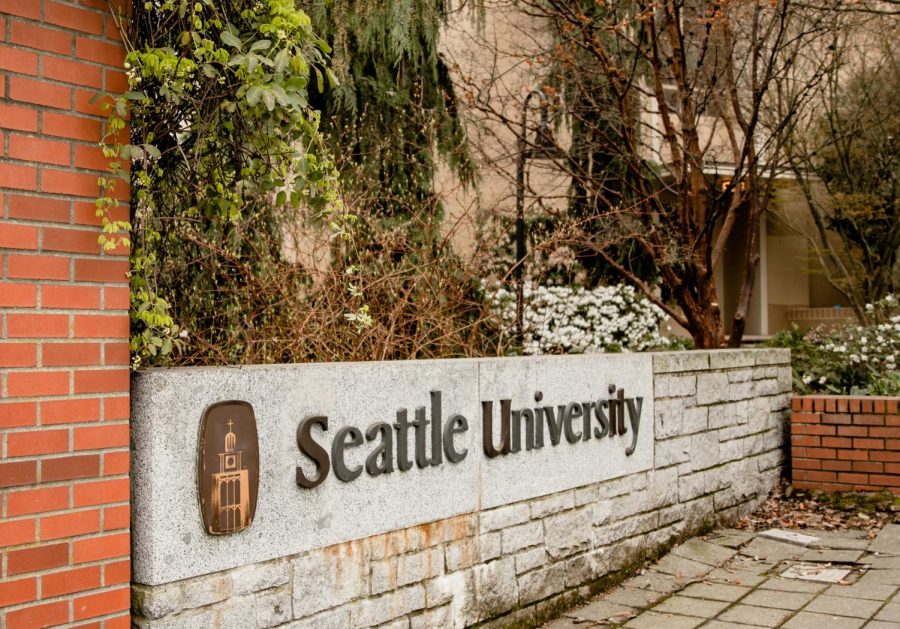 Seattle University signage by the north entrance to campus.