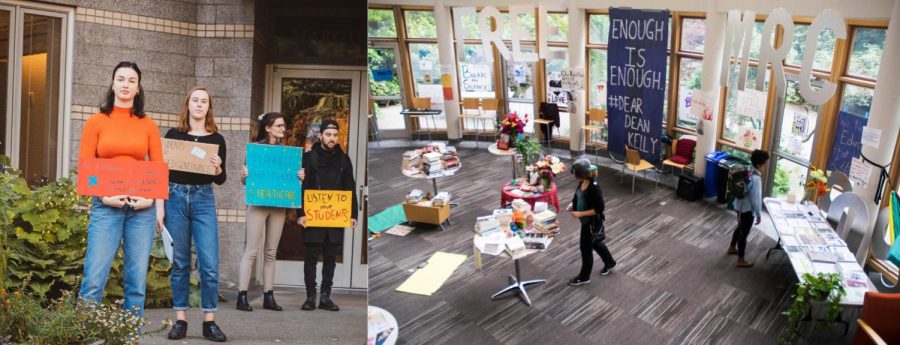 Left: The October 14th, 2019 Planned Parenthood protest. (Javier Plascencia). Right: Image of the main floor of the Casey Building during the Matteo Ricci protests which occurred between May 11 and June 3 of 2016. (Kyle Kotani).