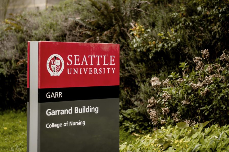 Signage for the Garrand Building, home to the SU College of Nursing.