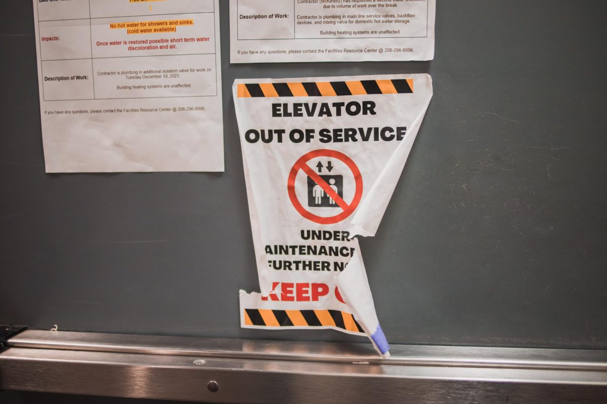 Elevator out of service sign inside Murphy garage.