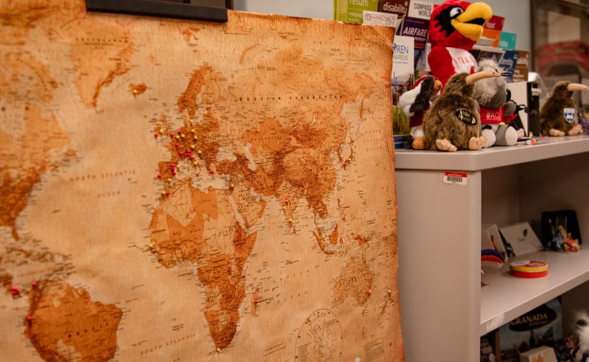 A+world+map+decorating+the+entrance+to+the+Seattle+U+Study+Abroad+office