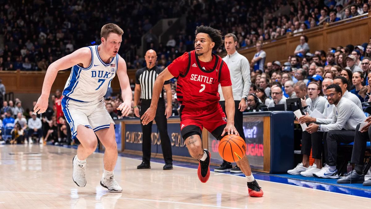 Seattle U’s Paris Dawson pressures Duke’s Kon Knueppel in their game on Nov. 29.
