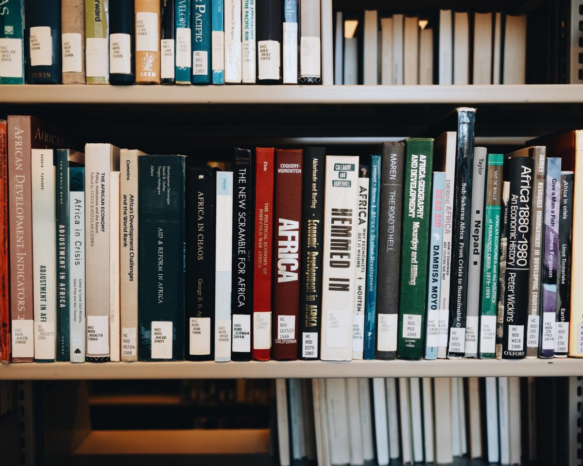 Line of books sitting on a shelf.