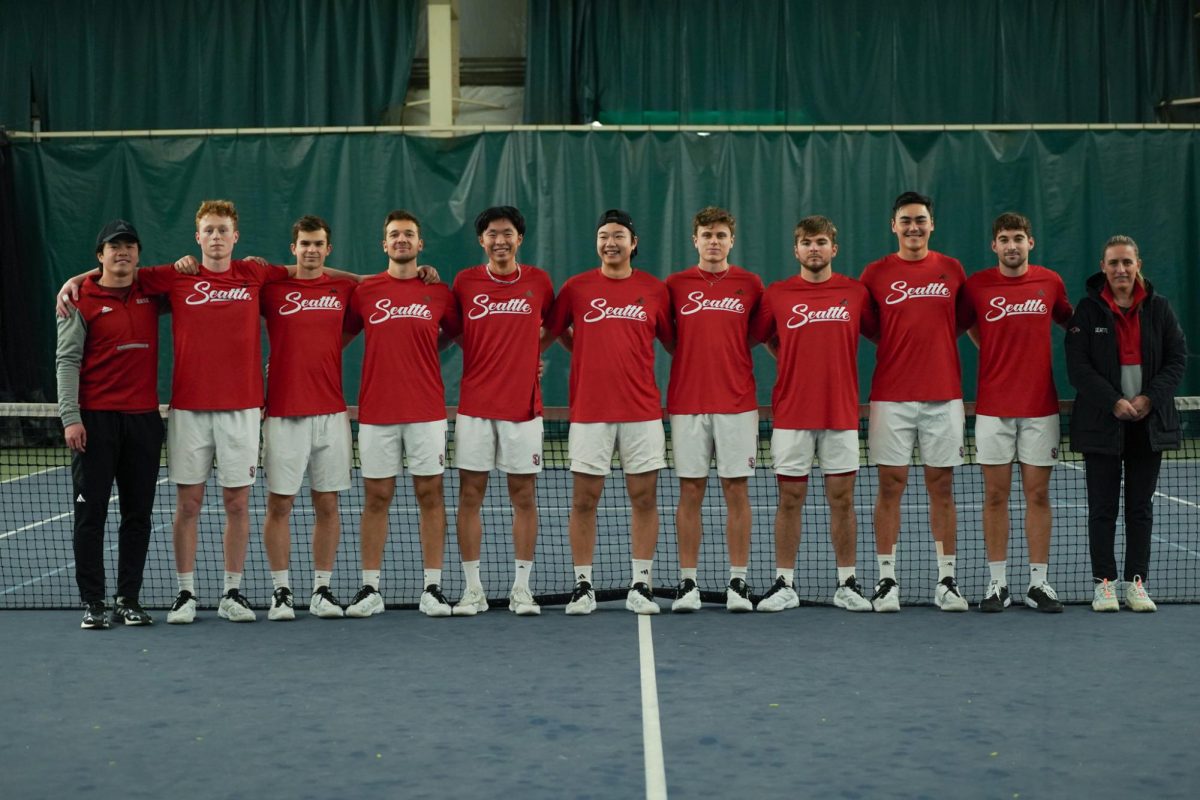 Seattle U Men’s Tennis poses for a team photo prior to their match vs. Sacramento State.