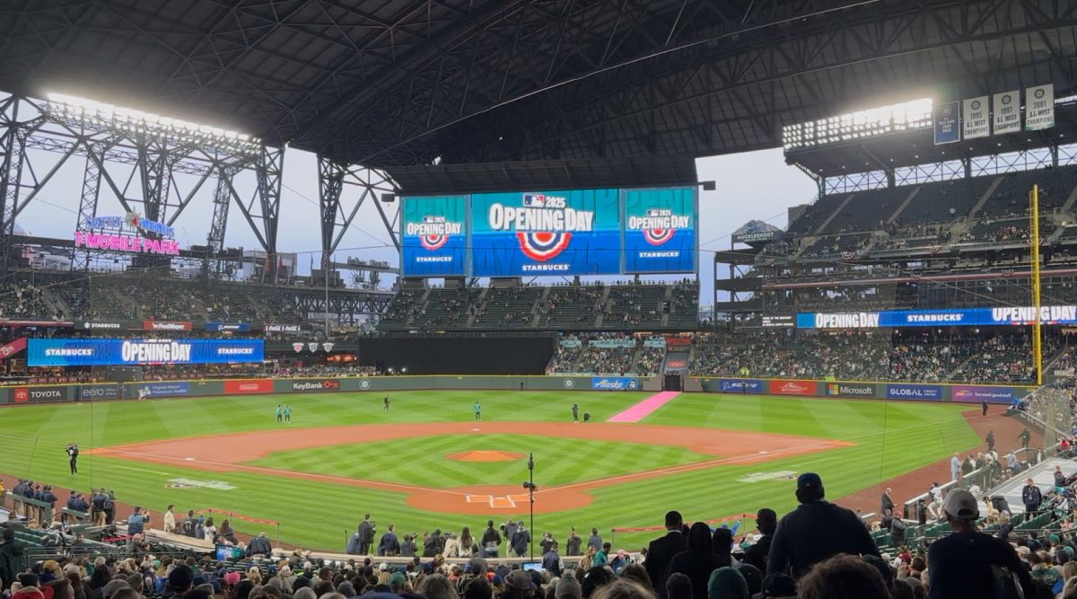 Mariners Vision, the screen at the Seattle Mariners’ T-Mobile Park, shows an Opening Day graphic as things fall into place for the team’s first game of the season.