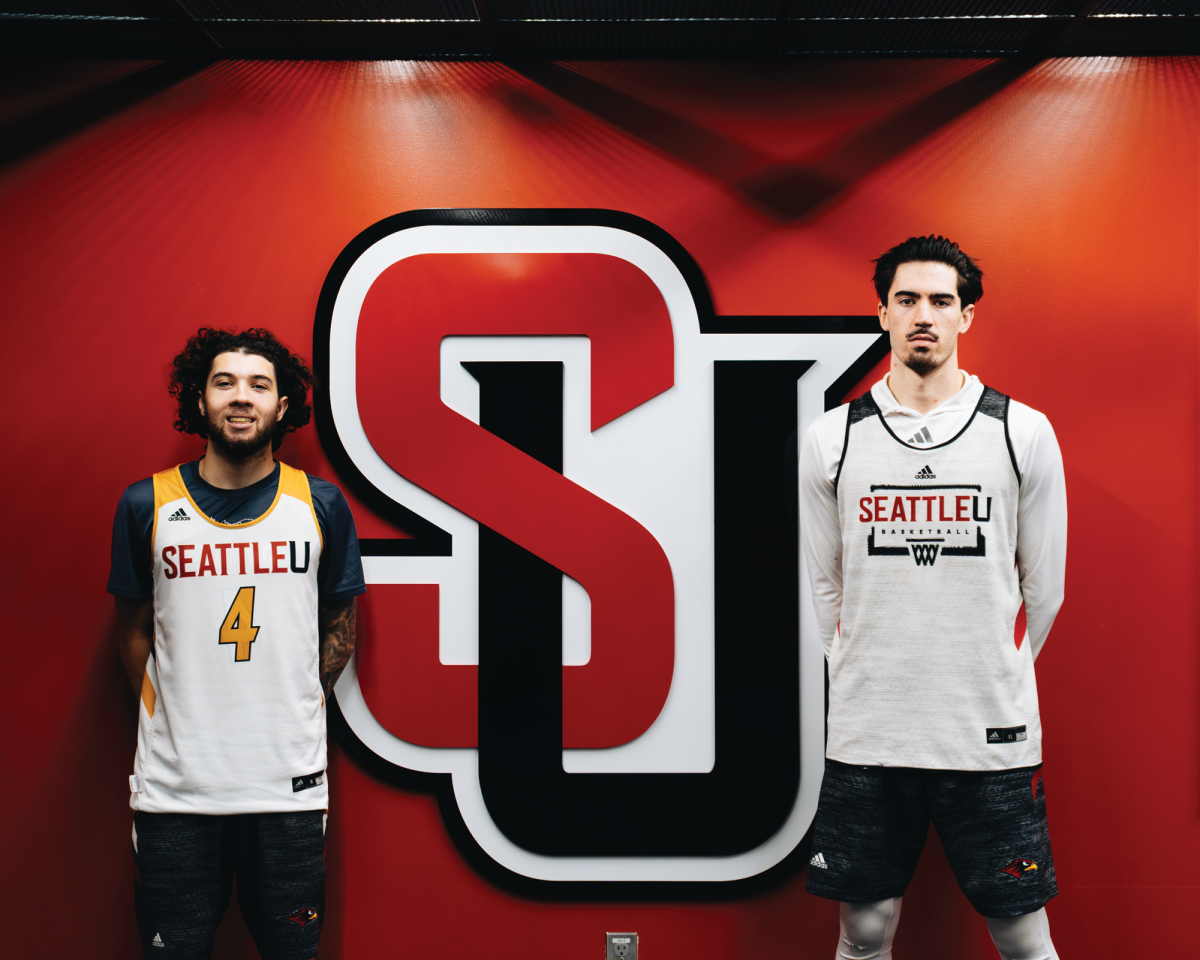 Picture of Brayden Maldonado (left) and Will Heimbrodt (right) against the Seattle University logo.