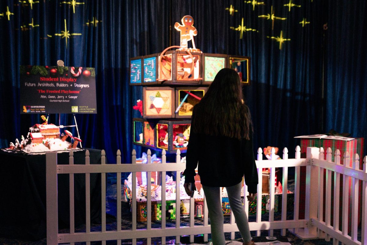 A child observes a gingerbread house.