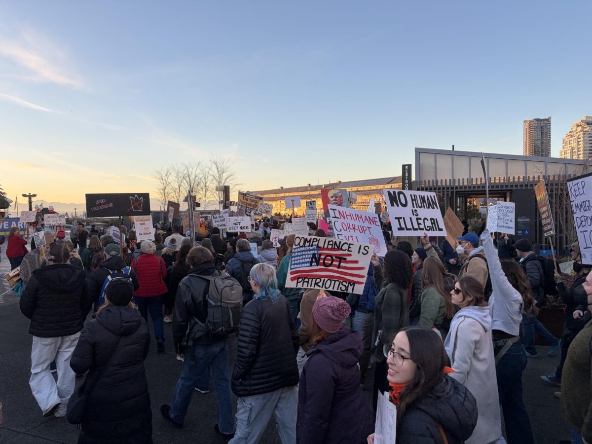 Protestors head to the waterfront near the end of their march through the city.