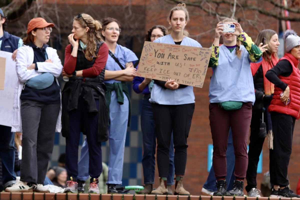 Nurses standing in front of Seattle Central College.