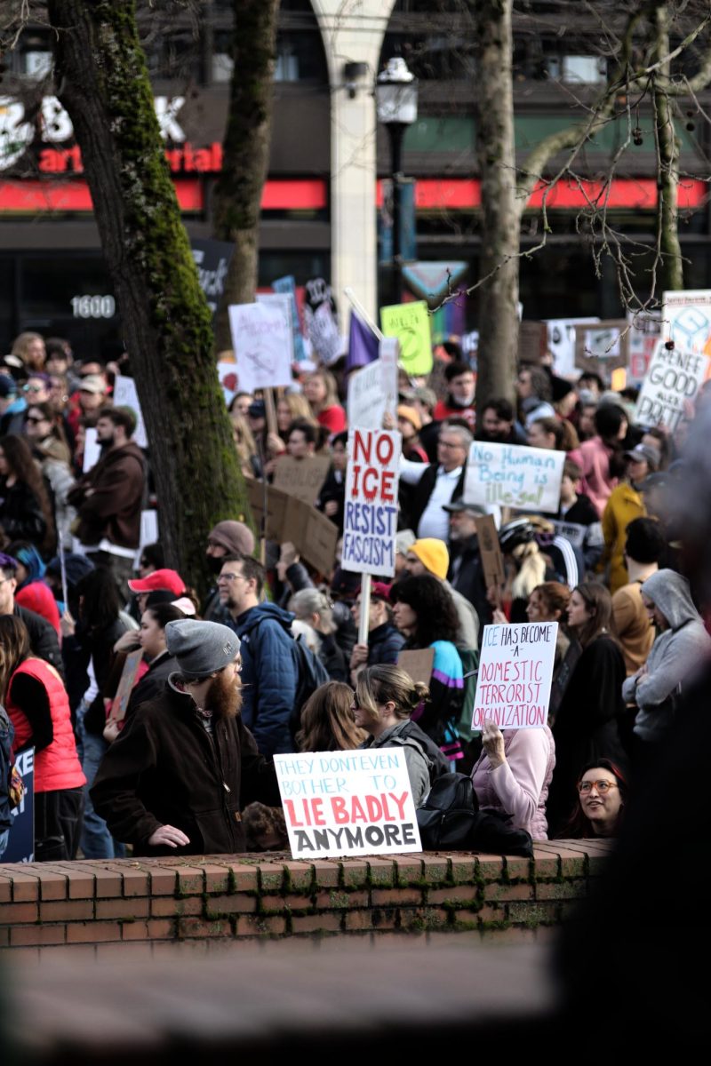 Crowd of protestors in front of Seattle Central Collge.