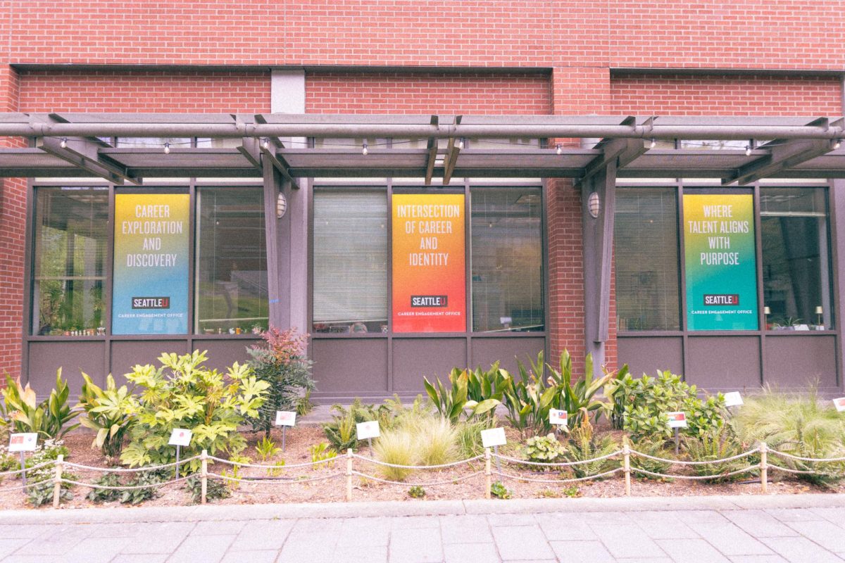 The front of the building displays posters with the office’s mission statements.