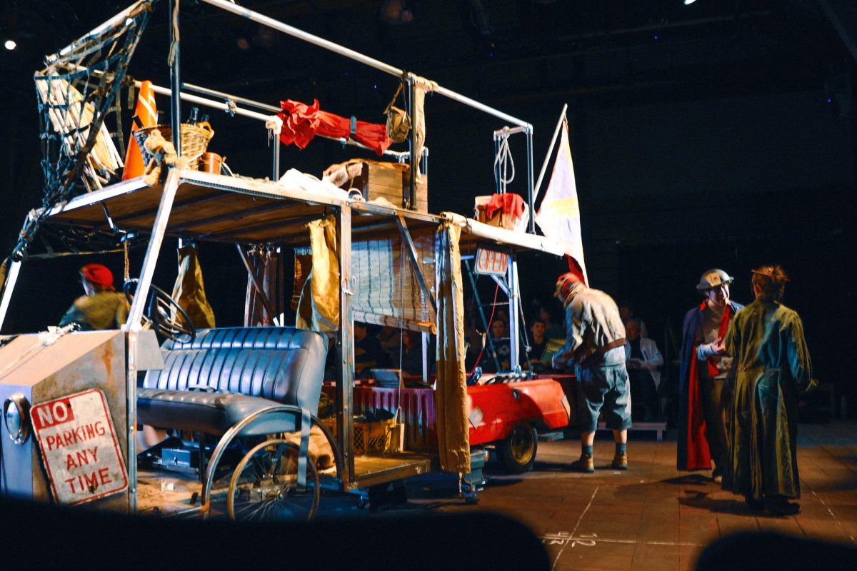 The scenic cart for Cornish College of the Arts' production of "Mother Courage and Her Children" was created by Scenic Designer Luna Mock, Technical Director Dave Baldwin, Scene Shop Supervisor Matt McCarren, Paint Charge Aquarius Grimsley, Paint Shop Manager Jess Raiden and Prop Designer Orion Cartwright.