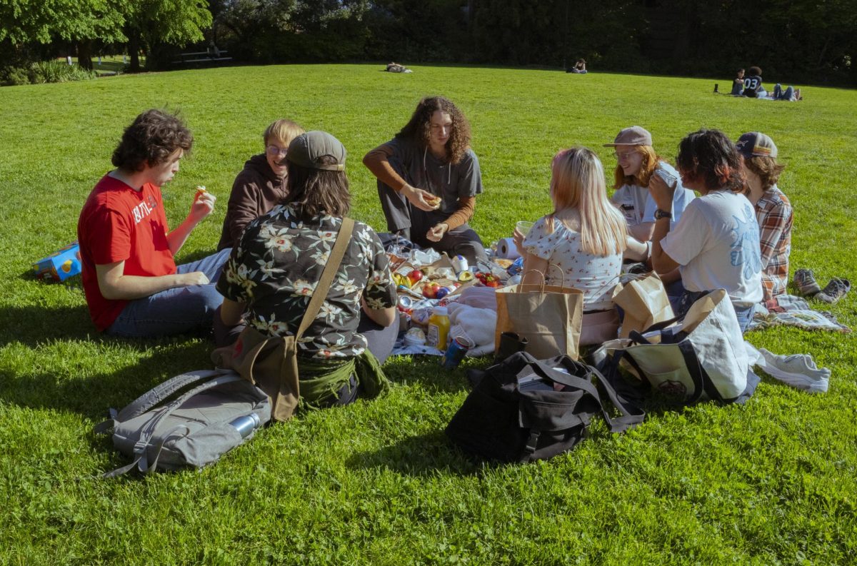 A large group of friends enjoy a picnic while laughing together on the Union Green.