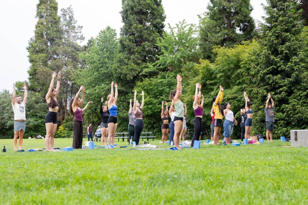 Students reach to the sky on the union green.
