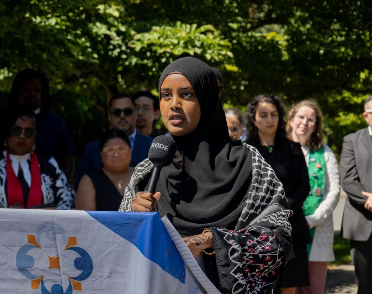 Sumeyya Osman speaks at the press conference hosted on campus