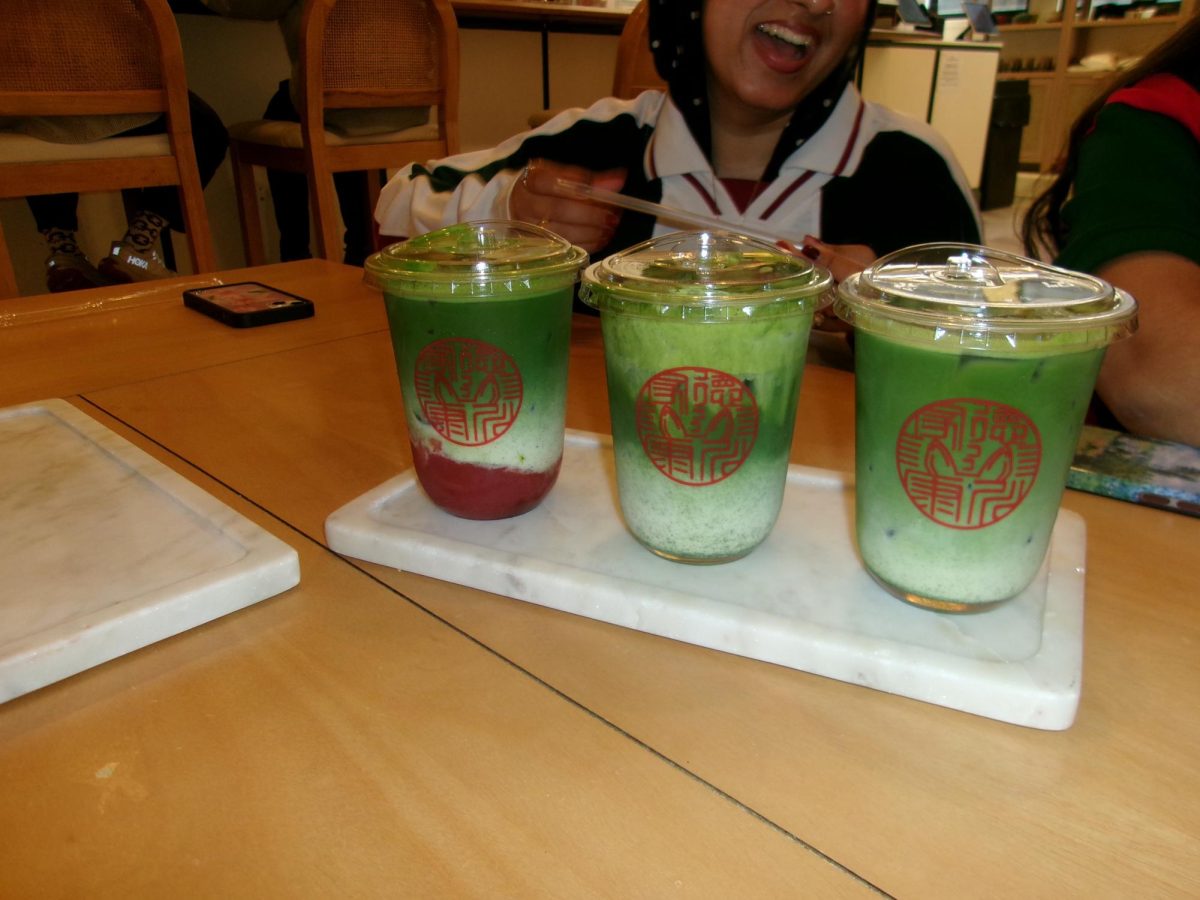 Matcha from Taz Matcha; a strawberry matcha (far left), regular matcha with a matcha cream top (middle) and a regular matcha (far right).